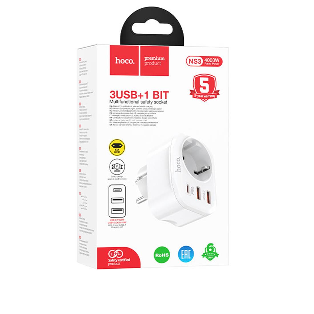 Hoco NS3 Enchufe 1 Toma + 2 USB 18W + 1 USB 20W