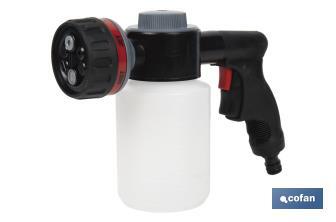 Pistola de riego con 6 posiciones ajustables y depósito para dispensador de jabón de 500 ml