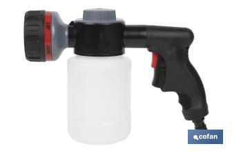 Pistola de riego con 6 posiciones ajustables y depósito para dispensador de jabón de 500 ml