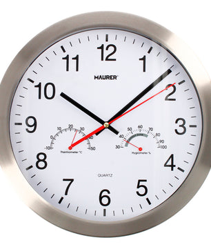 Reloj De Pared Ø 30 cm. Frontal En Acero Con Higrómetro y Termómetro.