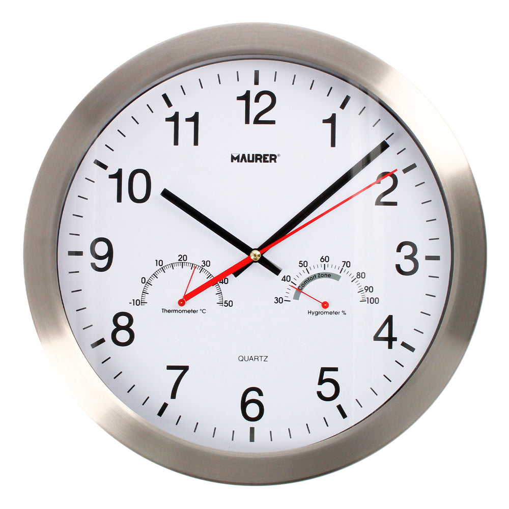 Reloj De Pared Ø 30 cm. Frontal En Acero Con Higrómetro y Termómetro.
