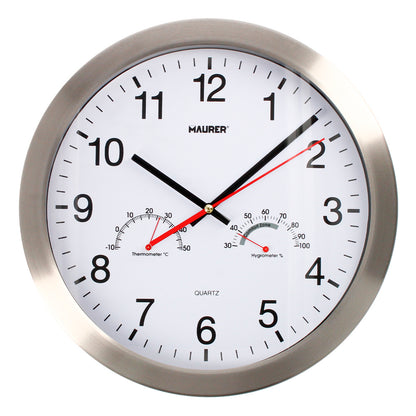 Reloj De Pared Ø 30 cm. Frontal En Acero Con Higrómetro y Termómetro.