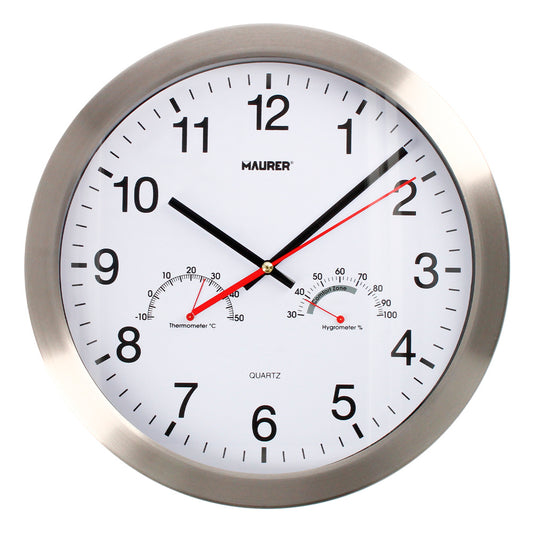 Reloj De Pared Ø 30 cm. Frontal En Acero Con Higrómetro y Termómetro.