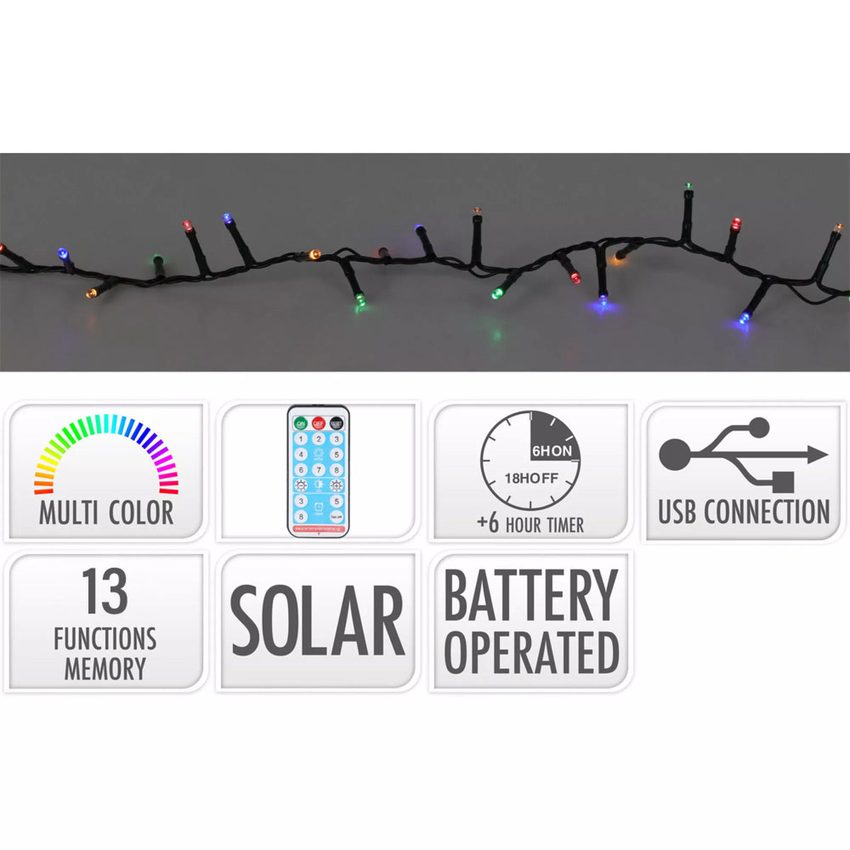 GUIRNALDA LED SOLAR 480 LEDS 13 FUNCIONES PARPADEANTE EXTERIOR MULTICOLOR CABLE VERDE 20 m