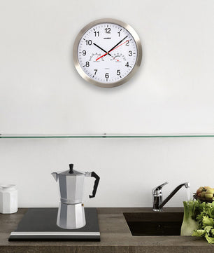 Reloj De Pared Ø 30 cm. Frontal En Acero Con Higrómetro y Termómetro.