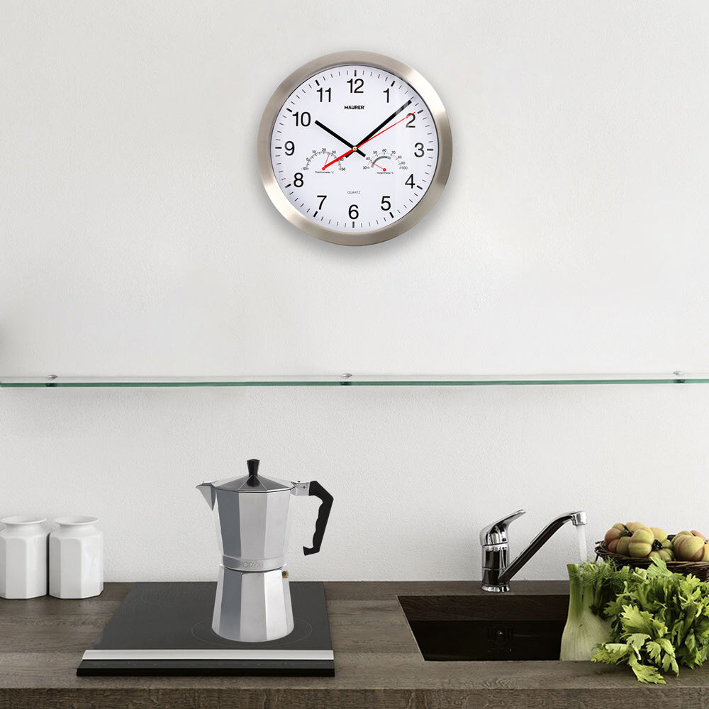 Reloj De Pared Ø 30 cm. Frontal En Acero Con Higrómetro y Termómetro.