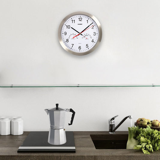 Reloj De Pared Ø 30 cm. Frontal En Acero Con Higrómetro y Termómetro.