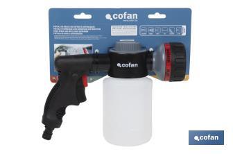 Pistola de riego con 6 posiciones ajustables y depósito para dispensador de jabón de 500 ml
