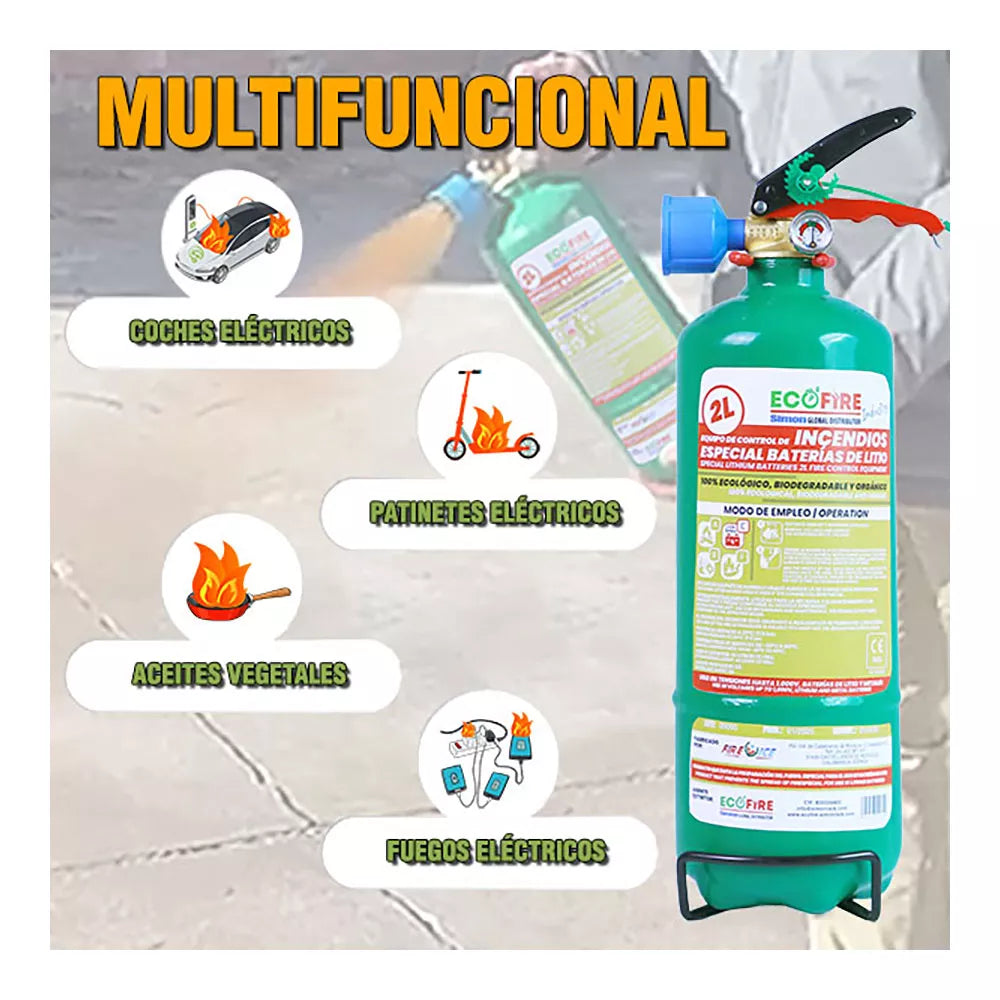 EXTINTOR ESPECIAL PARA BATERÍAS DE LITIO 2 l, VERDE + SOPORTE