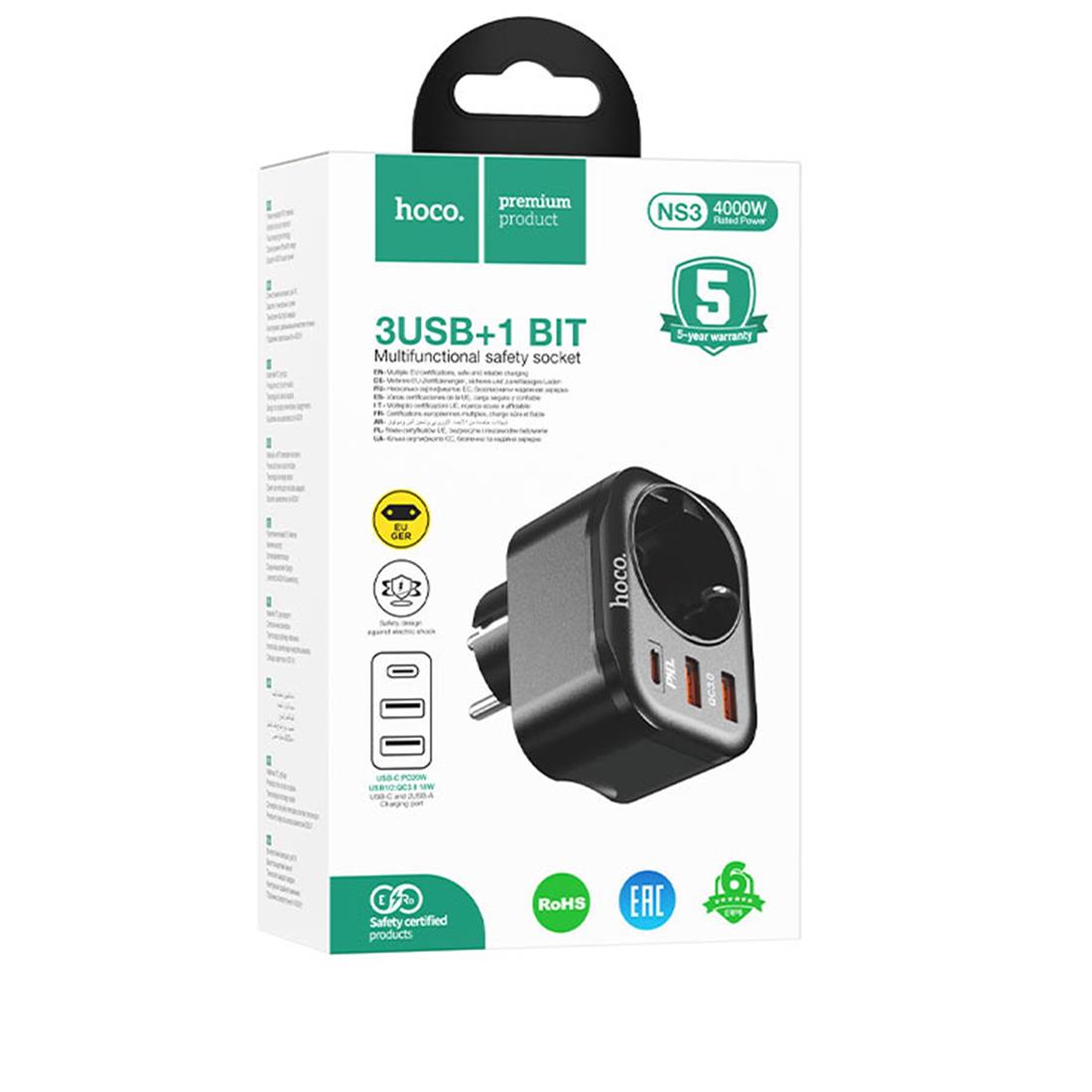 Hoco NS3 Enchufe 1 Toma + 2 USB 18W + 1 USB 20W