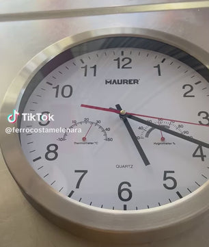 Reloj De Pared Ø 30 cm. Frontal En Acero Con Higrómetro y Termómetro.