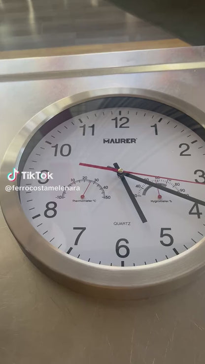 Reloj De Pared Ø 30 cm. Frontal En Acero Con Higrómetro y Termómetro.