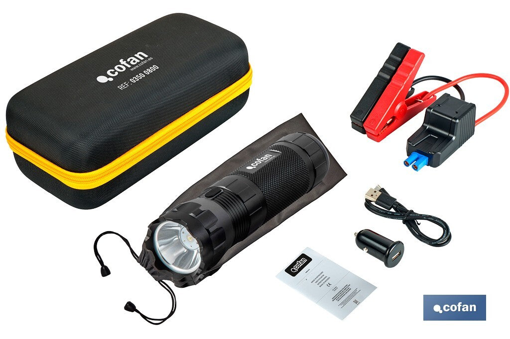 Arrancador portátil de baterías 600 A | Con linterna LED y power bank USB | 330 lúmenes | Adecuado para coches de gasolina hasta 5000 cc y diésel hasta 3000 cc