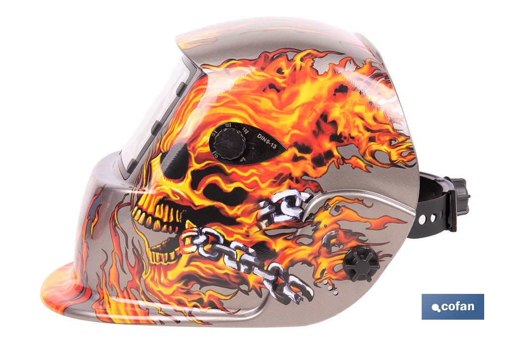 Casco de soldadura automático Fire Skull | Solar, oscurecimiento automático DIN 9-13 | Adecuado para soldudura