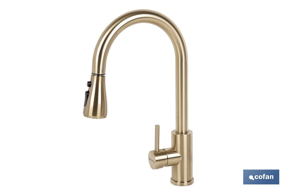 511 Grifo de cocina extensible dorado con 3 funciones y giro 360° acero inoxidable Cartucho cerámico Ø35 mm